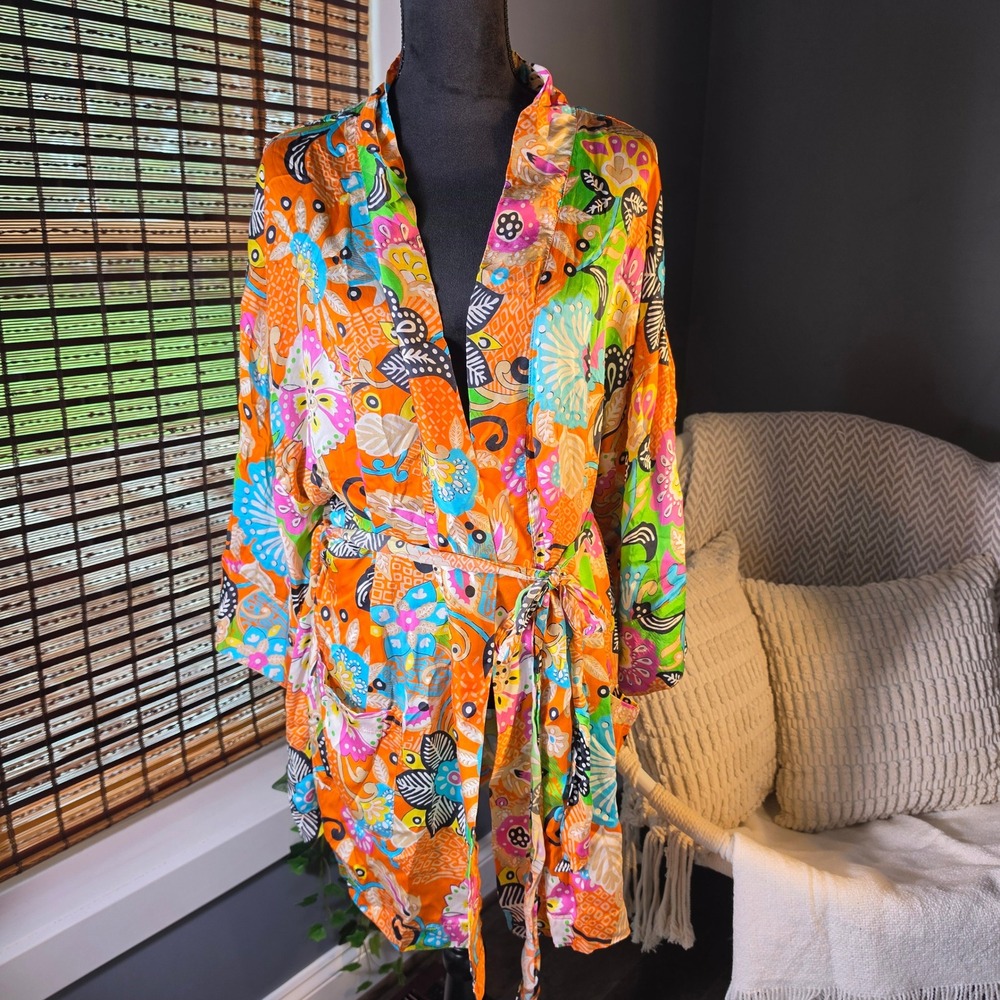 Royal Silk Floral Batik Kimono Robe Orange Multi Color Silk Loungewear Large